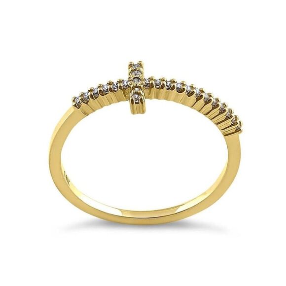 New Solid 14K Yellow Gold Cross 0.13 ct. Diamond Ring - Picture 3 of 4